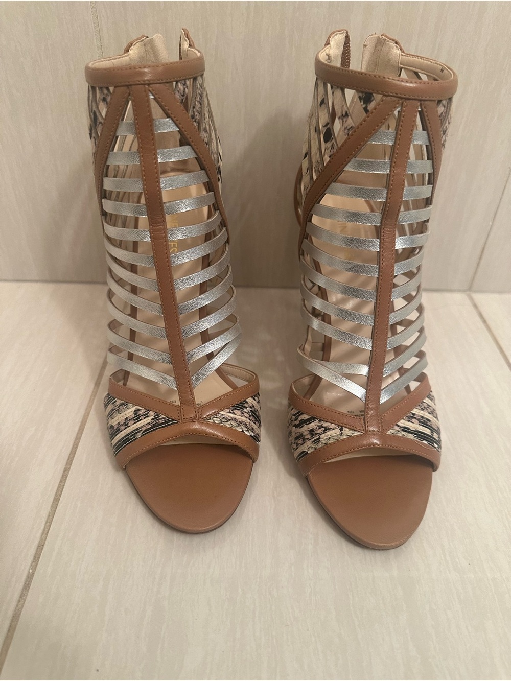 Nine West Brown and Silver Strappy Cage Heels
